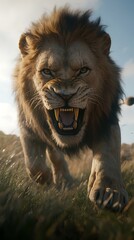 Obraz premium A Roaring Lion Charging Through Grassland
