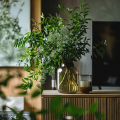 Fototapeta premium Close-up of a vase filled with green foliage on a sideboard in a living room