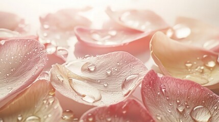 Close-up of soft pink rose petals with water drops, illuminated by sunlight.