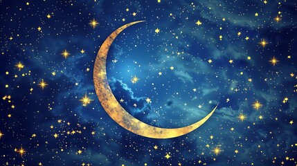 Naklejka premium The image is a beautiful night sky with a crescent moon. The sky is dark blue and the stars are bright white.