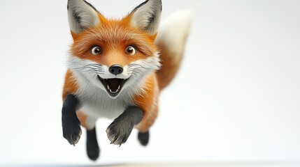 Obraz premium 3D fox caught midleap with a surprised expression, white background