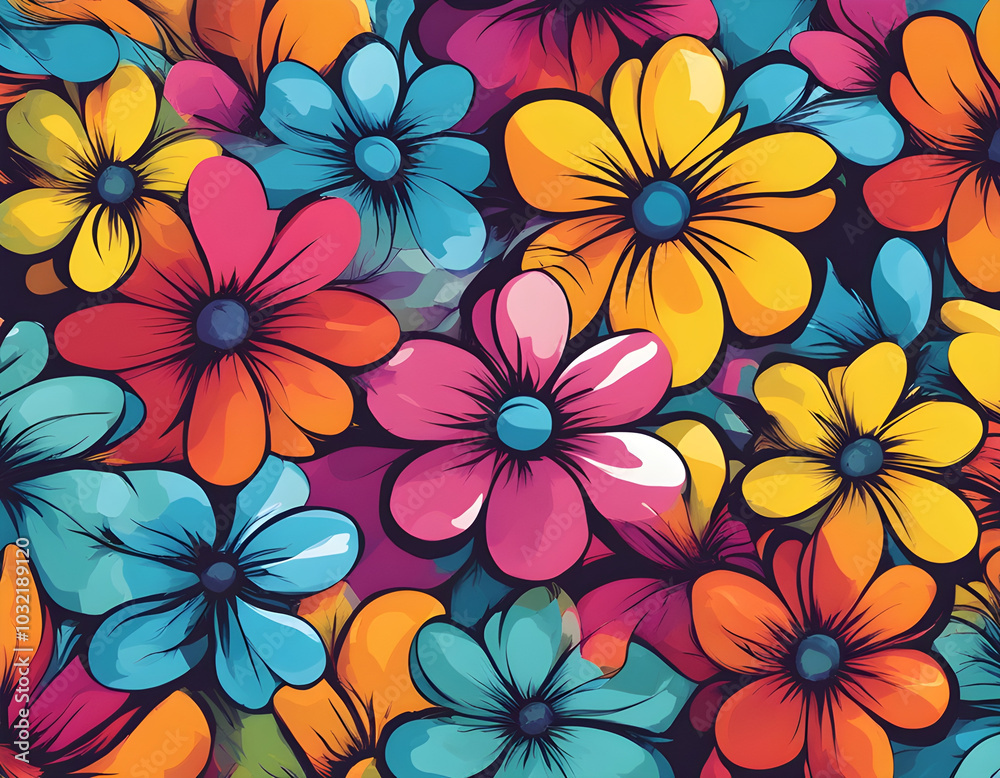 Wall mural colorful flower with cool isolated pop art style background