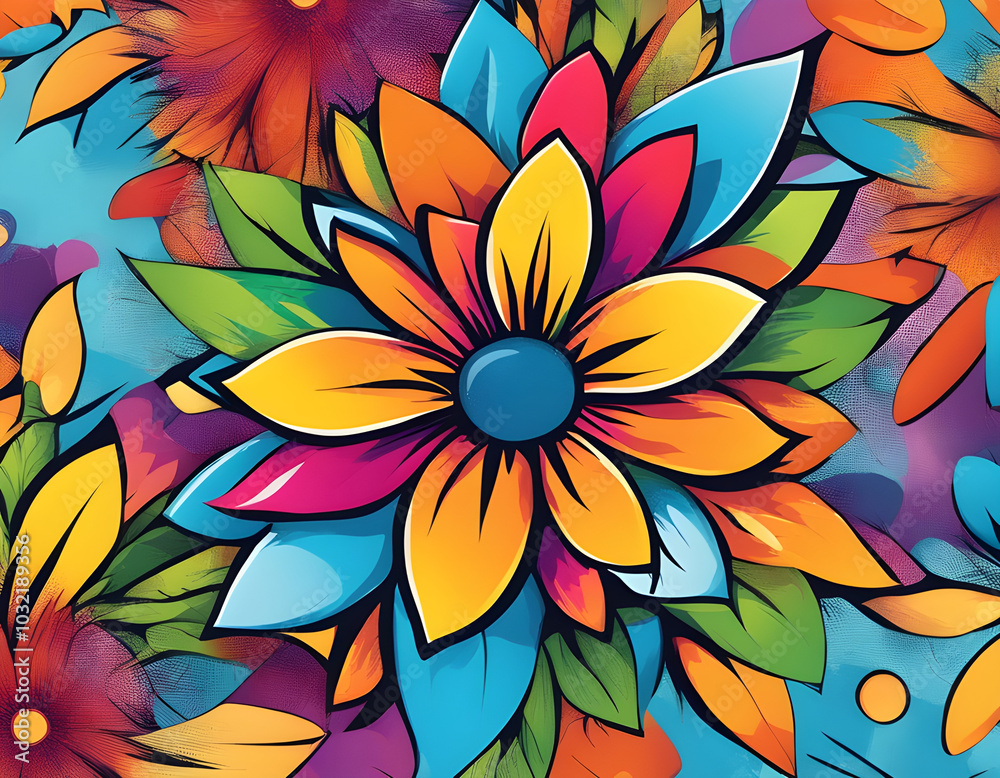 Wall mural colorful flower with cool isolated pop art style background