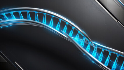 Obraz premium A detailed close-up of a DNA strand with highlighted red markers, showcasing the complexity of genetic information. The dark background adds depth, emphasizing the molecular structure.