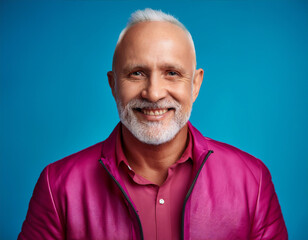 Fototapeta premium Headshot Portrait of a Smiling Older Man with Contemporary Style, Isolated on Color Background with Ample Copy Space