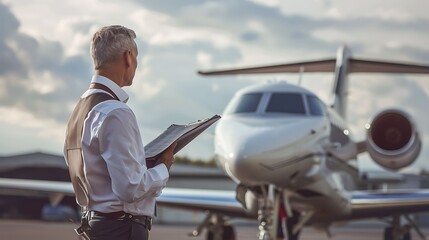 A pilot in uniform is standing in front of a private jet, holding a clipboard and looking at the aircraft.