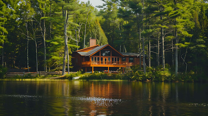 Obraz premium Amazing view of a beautiful lake house surrounded by lush greenery. The perfect place to relax and enjoy the peace of nature.