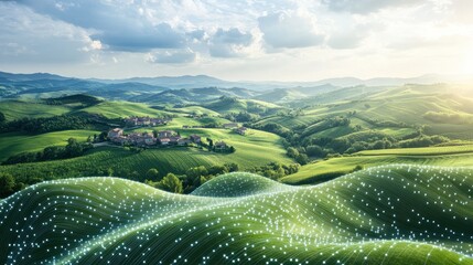 Futuristic Data Overlay on Rolling Green Hills and Village