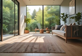 A cozy living room with a large area rug, a wooden bench , and a view of the lush greenery outside through a glass wall.