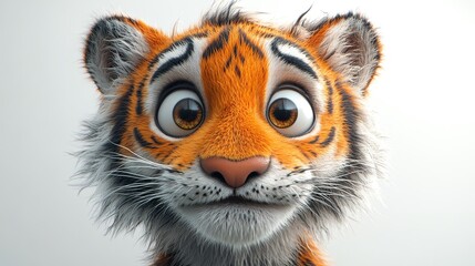 Obraz premium 3D tiger with fluffed fur, eyes wide in surprise, white background