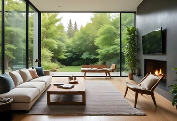A cozy living room with a large area rug, a wooden bench , and a view of the lush greenery outside through a glass wall.