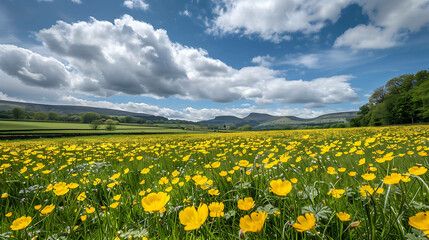 The image is of a beautiful landscape with a field of yellow flowers in the foreground and a mountain range in the background.