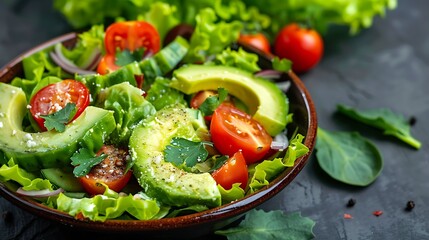 Fresh and healthy salad with avocado, cherry tomatoes, cucumber, red onion and lettuce leaves in a brown bowl on a dark background.