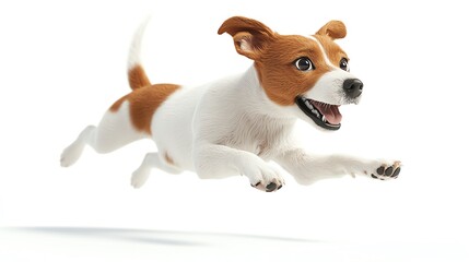 Shocked 3D dog with floppy ears midjump, white background