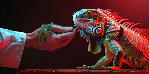 A reptile expert handling a green iguana, carefully inspecting its scales under a bright red light.