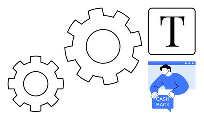 Gears and a text icon next to a simple illustration of a man holding a cashback sign in front of a computer window. Ideal for engineering technology text formatting finance business promotion