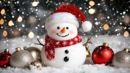 Cute snowman with a Santa hat, surrounded by sparkling Christmas decorations, spreading holiday cheer in a snowy landscape.