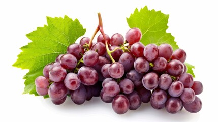 Fototapeta premium Crimson Delight: Vibrant Red Grapes Adorned with Lush Green Grape Leaves on a Pristine White Canvas