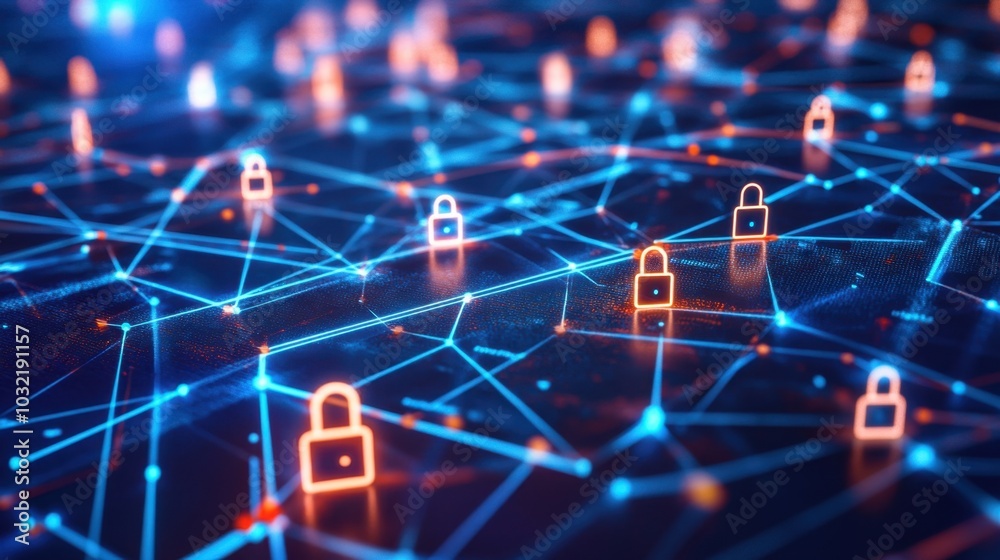 Poster digital grid displaying encrypted locks and decryption keys, symbols of network protection and cyber