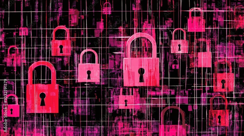 Poster digital grid displaying encrypted locks and decryption keys, symbols of network protection and cyber