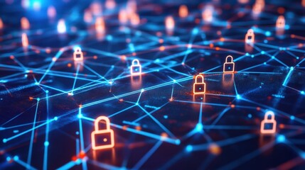 Digital grid displaying encrypted locks and decryption keys, symbols of network protection and cybersecurity advancements.