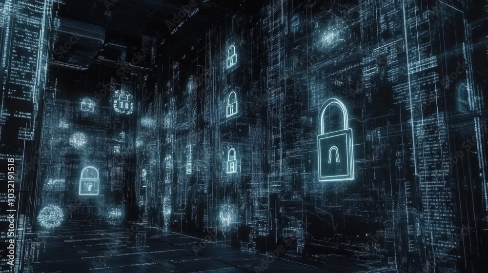 Poster digital grid displaying encrypted locks and decryption keys, symbols of network protection and cyber