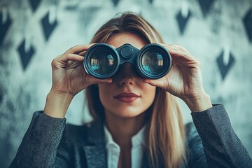 Searching for growth opportunity, vision to look and see future, challenge ahead or motivation to grow business concept, businesswoman on arrows look through binoculars to find business, Generative AI