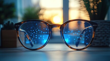 A pair of tortoiseshell eyeglasses with blue-tinted lenses sit on a table with the setting sun reflected in the lenses.