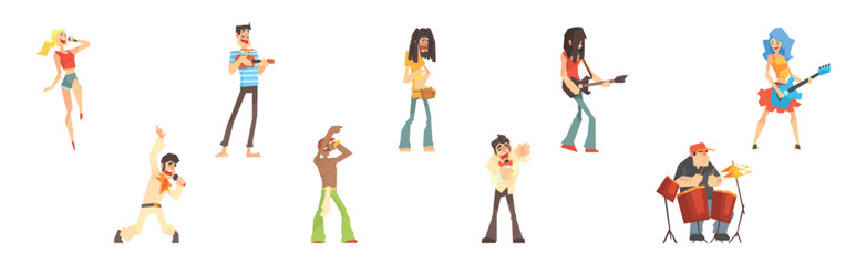 People Character Play Musical Instrument and Sing with Microphone Vector Set
