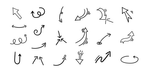 Cool Hip Curvy Arrow Set, Pointing things out shape set, Squiggly Shape arrow,Hand drawn Editable vector Arrow Design Collection.  