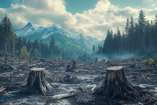 Deforestation aftermath with stumps in a mountainous landscape