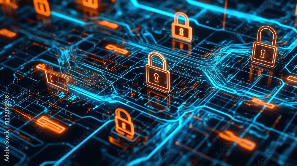 Poster futuristic digital grid featuring privacy locks and keys, flowing across the network to represent en