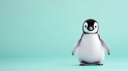 Fototapeta premium Adorable Baby Penguin Chick Waddling Forward On Pastel Teal Background