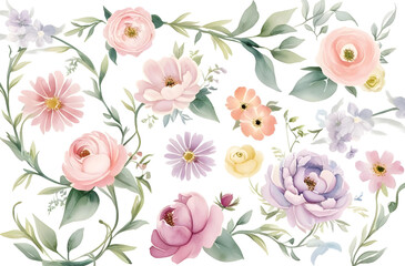 Elegant Watercolor Floral Pattern with Pastel Flowers and Greenery