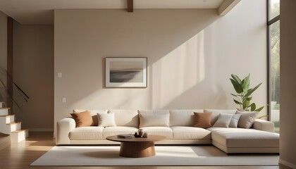 A modern living room with a large beige sectional sofa, a wooden coffee table, and a warm, natural lighting coming through a window.