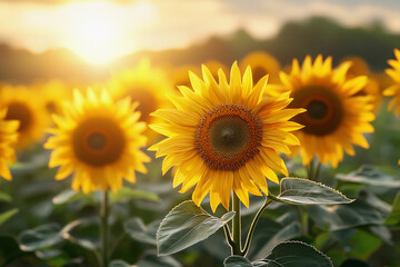 Fototapeta premium Sunflowers blooming at sunset in a vibrant field of gold