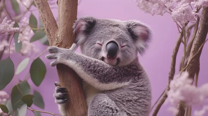 Obraz premium Chubby Koala Hugging Tree Branch with Peaceful Pastel Lavender Backdrop