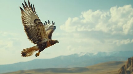 Fototapeta premium A majestic brown hawk soars through a blue sky with white clouds. The mountains and grassland are visible in the distance.