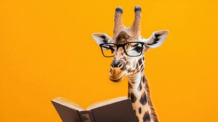 Obraz premium Giraffe in glasses and bright orange background happily reading a book, symbolizing knowledge and enjoyment.
