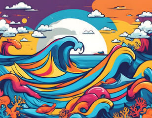 colorful ocean with cool isolated pop art style background