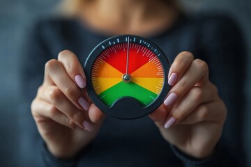 Reduce risk level or decrease stress anxiety meter, lower danger indicator or scale, reduce from red alert meter to be green chart concept, businesswoman pull meter to reduce risk or stress, Generativ
