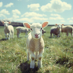 Obraz premium White lamb in field in front of other animals