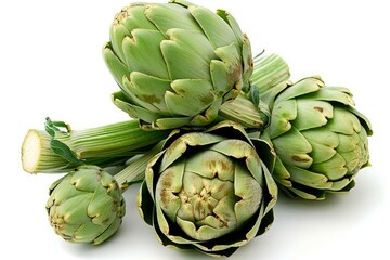 Obraz premium Fresh artichokes lying on a white background, ready to be cooked