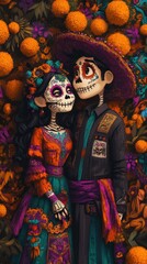 Fototapeta premium Colorful Day of the Dead altar with skulls and marigold flowers. AI generated
