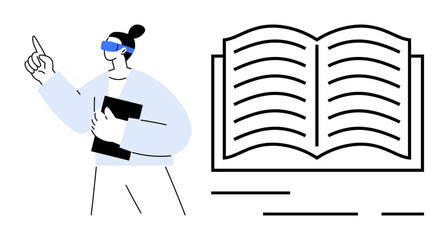 A figure wearing a VR headset holds a tablet, pointing upward suggestively. Adjacent is a large open book. Ideal for technology, education, virtual learning, innovation, futuristic concepts. Simple