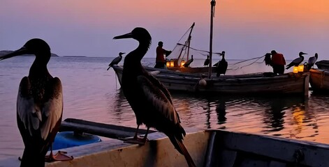 Traditional fishermen use trained cormorants to catch fish, showcasing an ancient and cooperative fishing technique along rivers and lakes