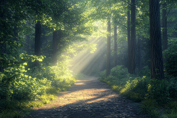 Fototapeta premium Sunlight filters through trees along a serene forest path