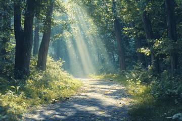 Obraz premium Sunlight streaming through trees on a peaceful forest path
