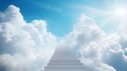A serene staircase leads upwards into fluffy clouds under a bright blue sky, symbolizing an ethereal journey towards a hopeful future