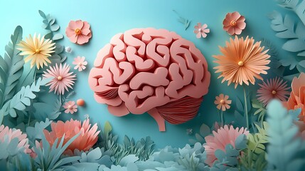 Whimsical paper cut design of a human brain surrounded by a bouquet of colorful flowers on a sunny blue background representing the themes of mental health awareness and emotional wellness